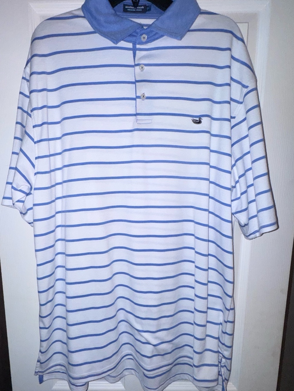 Southern Marsh White Polo with Light Blue Stripes